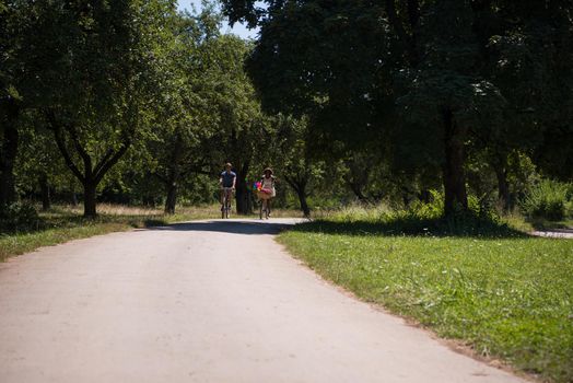 a young man and a beautiful African American girl enjoying a bike ride in nature on a sunny summer day