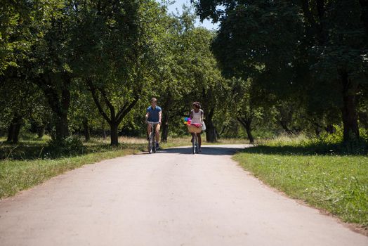 a young man and a beautiful African American girl enjoying a bike ride in nature on a sunny summer day