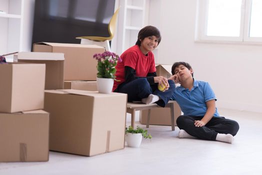 portrait of happy young boys with cardboard boxes around them in a new modern home