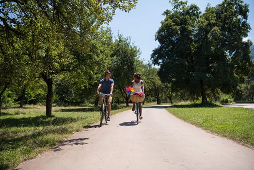 a young man and a beautiful African American girl enjoying a bike ride in nature on a sunny summer day