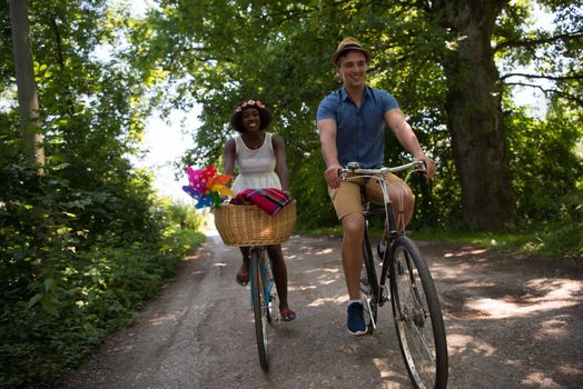 a young man and a beautiful African American girl enjoying a bike ride in nature on a sunny summer day