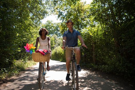 a young man and a beautiful African American girl enjoying a bike ride in nature on a sunny summer day