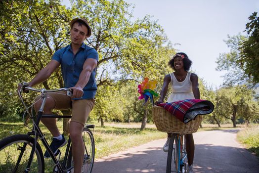 a young man and a beautiful African American girl enjoying a bike ride in nature on a sunny summer day