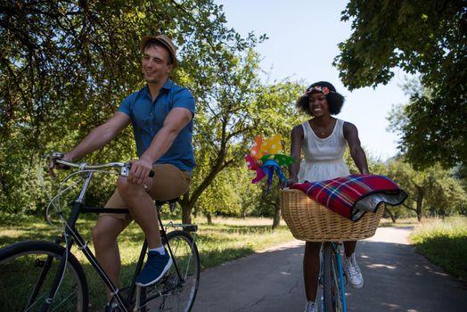 a young man and a beautiful African American girl enjoying a bike ride in nature on a sunny summer day