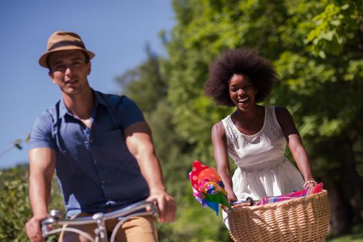 a young man and a beautiful African American girl enjoying a bike ride in nature on a sunny summer day