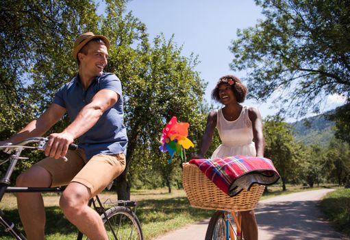 a young man and a beautiful African American girl enjoying a bike ride in nature on a sunny summer day