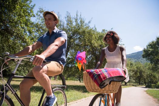 a young man and a beautiful African American girl enjoying a bike ride in nature on a sunny summer day