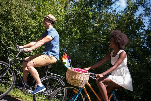 a young man and a beautiful African American girl enjoying a bike ride in nature on a sunny summer day