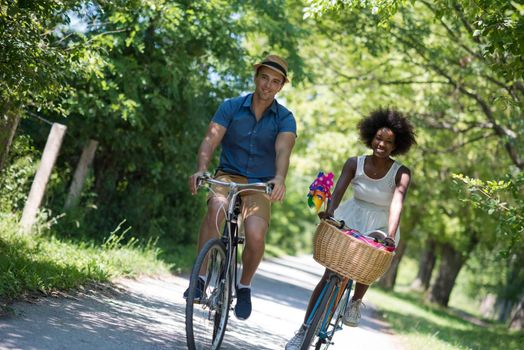 a young man and a beautiful African American girl enjoying a bike ride in nature on a sunny summer day