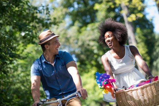 a young man and a beautiful African American girl enjoying a bike ride in nature on a sunny summer day