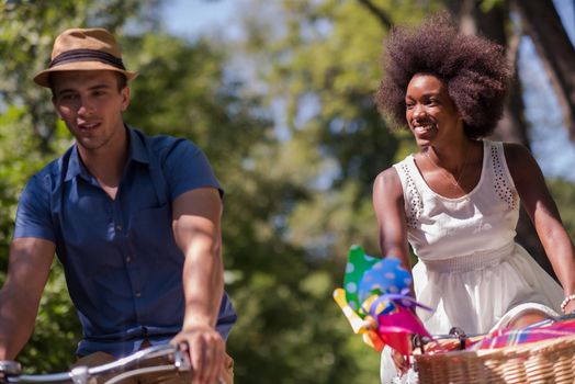 a young man and a beautiful African American girl enjoying a bike ride in nature on a sunny summer day