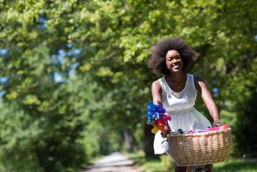 beautiful young African American women enjoy while riding a bicycle in the woods on a sunny summer day