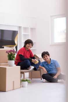 portrait of happy young boys with cardboard boxes around them in a new modern home