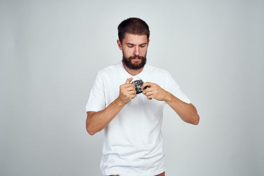 man in shirt photographer Professional with a camera hobby. High quality photo