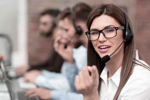 female call center operator pointing at you. the concept of choice