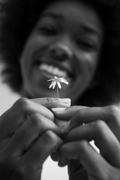 portrait of a young beautiful African American girl with a flower of daisy in her hand