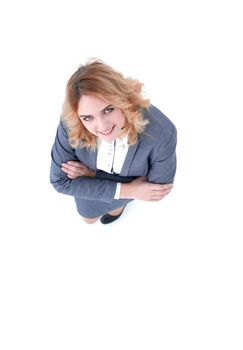 business woman steps forward and looks at the camera.isolated on white.