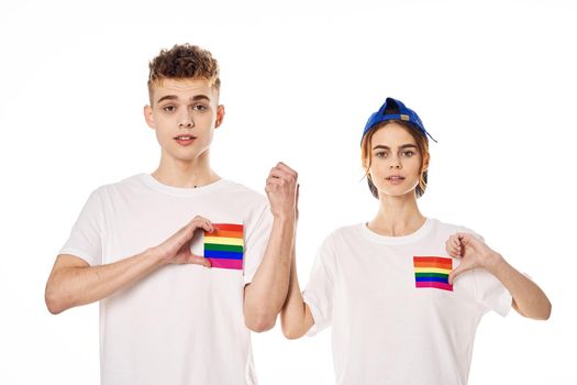 boyfriend and girlfriend lgbt flag transgender community friendship. High quality photo