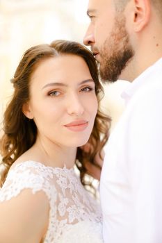 Portrait of european married couple. Concept of wedding, tenderness and love.