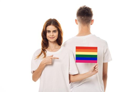 boyfriend and girlfriend lgbt flag transgender community friendship. High quality photo