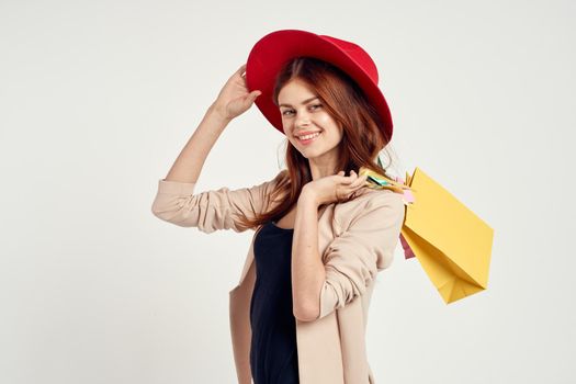 pretty woman attractive look shopping smile light background. High quality photo