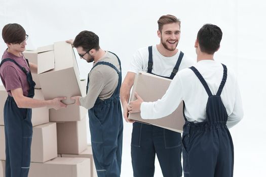 Delivery men with cardboard boxes on white background.