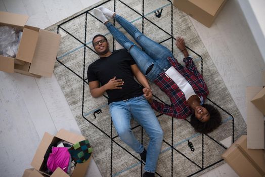 Top view of attractive young African American couple moving, holding hands, looking at camera and smiling while lying among cardboard boxes