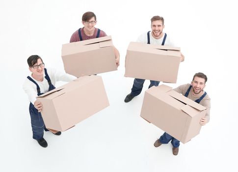 Delivery men with cardboard boxes on white background.