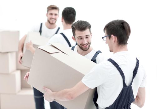 Men delivering box isolated on white