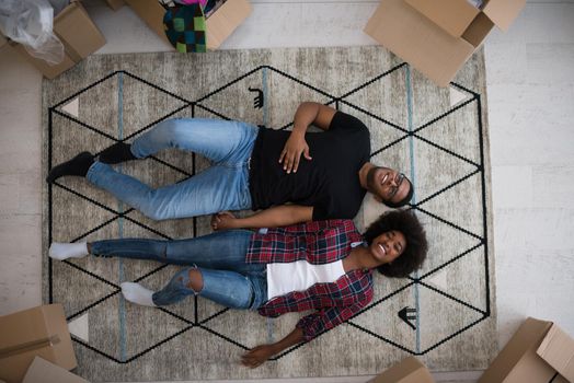 Top view of attractive young African American couple moving, holding hands, looking at camera and smiling while lying among cardboard boxes