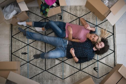 Top view of attractive young couple moving, holding hands, looking at camera and smiling while lying among cardboard boxes