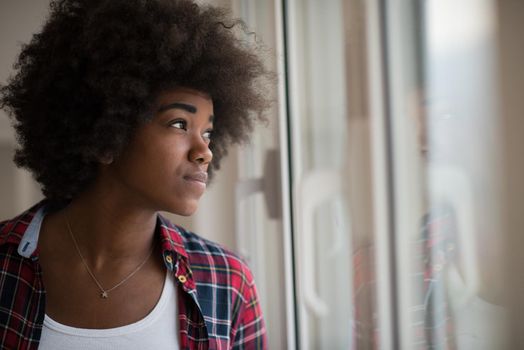 portrait of a young beautiful African American woman with curly hair near the window