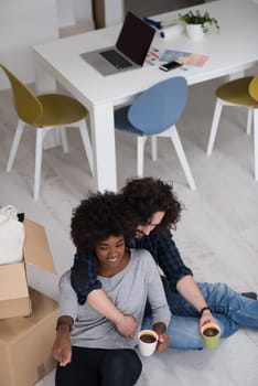 Relaxing in new house. Cheerful young multiethnic couple sitting on the floor and drinking coffee while cardboard boxes laying all around them