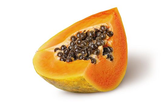 Single segment of ripe papaya isolated on white background