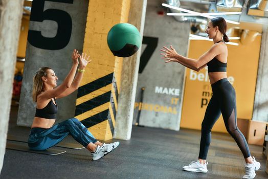 Partner workout. Two young athletic women in sportswear exercising with ball at gym. Sport, training, wellness and healthy lifestyle