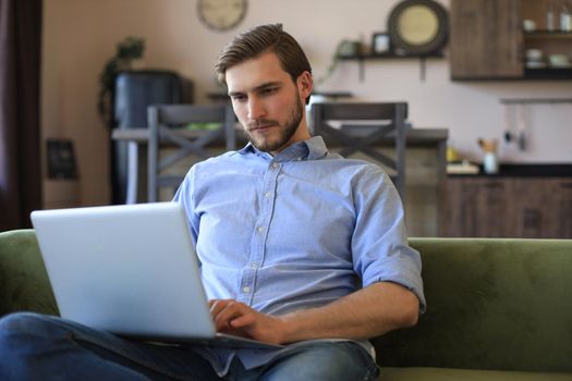 Concentrated young freelancer businessman sitting on sofa with laptop, working remotely online at home