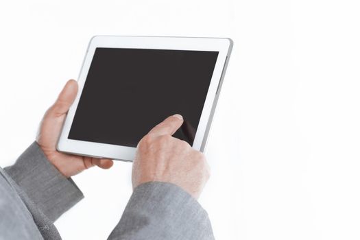 close up.businessman pointing finger at the blank screen tablet.isolated on white background.