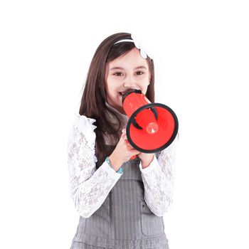 little girl with a red megaphone .isolated on white background.