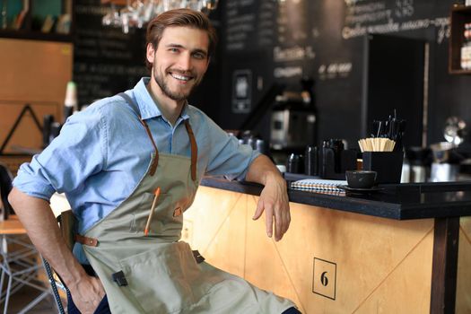 Cafe owner. Pleasant delighted man sitting near the counter, smiling