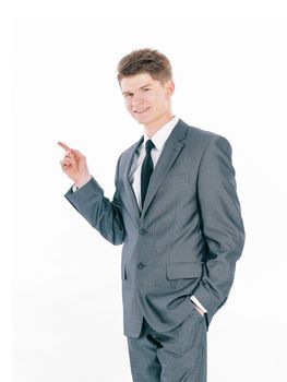 rear view.businessman pointing at a blank screen.isolated on a white background.