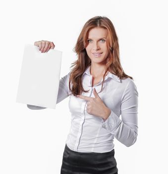 young business woman showing blank sheet.isolated on white.photo with copy space