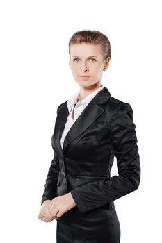 portrait of confident young business woman in black business suit.isolated on white background