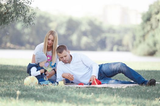 parents play with their little son sitting on the grass in the Park