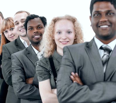 Portrait of a woman and man office workers smiling isolated on white background