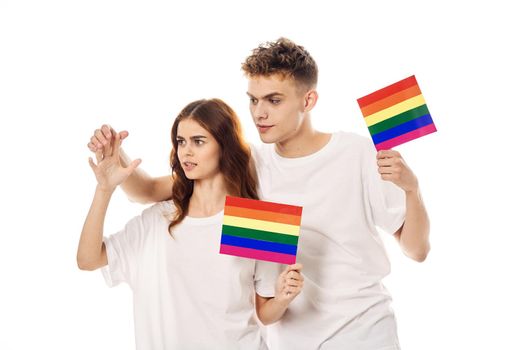 couple in white t-shirts Flag lgbt transgender sexual minorities. High quality photo