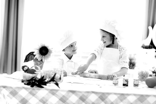 little brother and sister prepare lunch in the home kitchen . the concept of a hobby