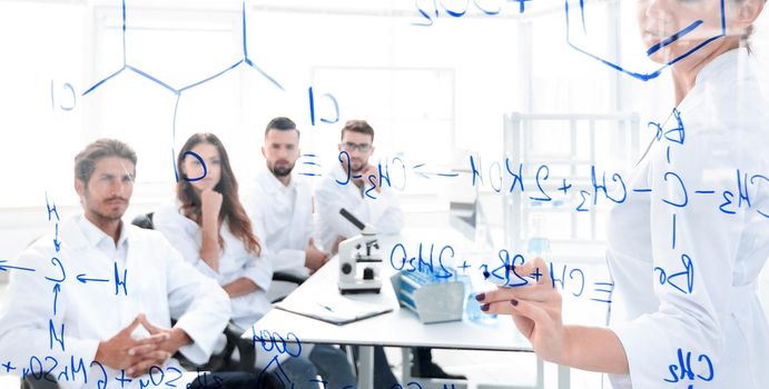 view through the transparent Board. female biochemist makes a report to colleagues.concept of research