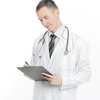 confident doctor with documents.isolated on a white background.