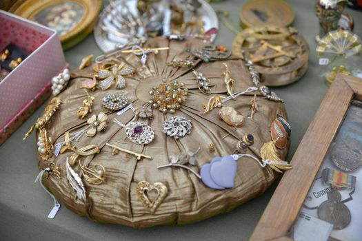 Vintage brooches sold at the flea market in Belgium