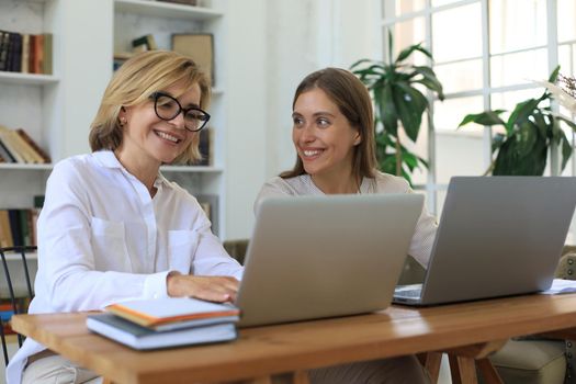 Two female collegues working with laptop and discussing new project